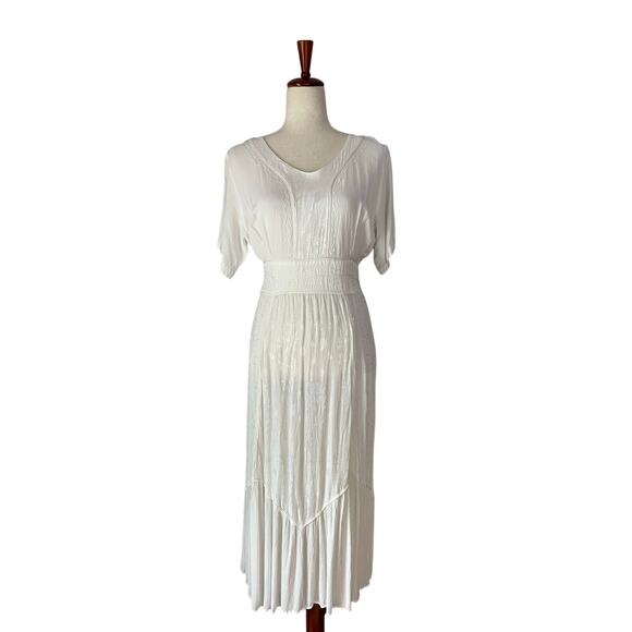 Vintage Short Sleeve Embroidered Ivory Midi Dress Romantic Feminine Delicate - Picture 1 of 12